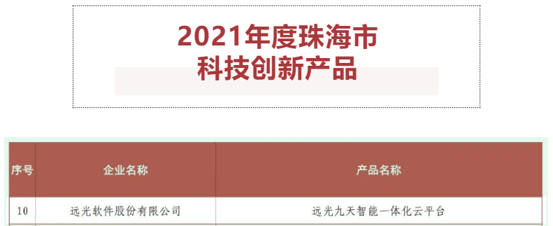 遠光九天云平臺榮獲“2021年度珠海市科技創新產品”